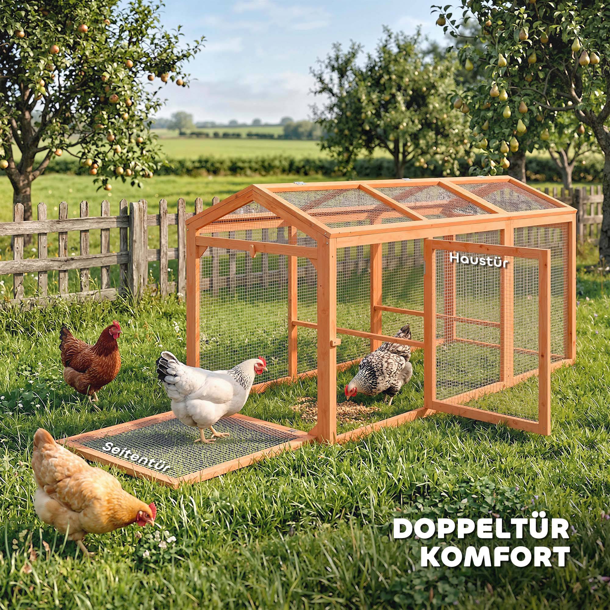 Poulailler avec perchoir, double porte, en bois et métal, pour 4 poules, 156 x 70,5 x 84 cm, orange - Image 9