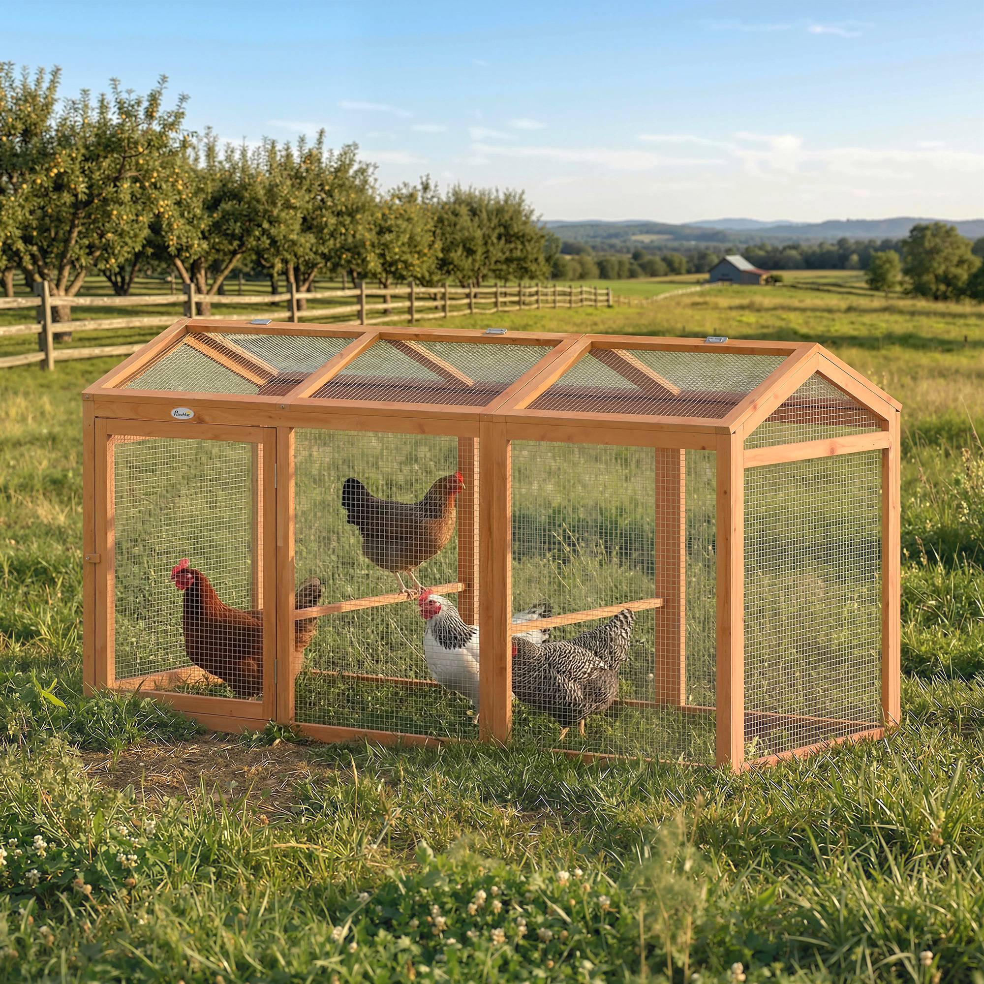 Poulailler avec perchoir, double porte, en bois et métal, pour 4 poules, 156 x 70,5 x 84 cm, orange - Image 3