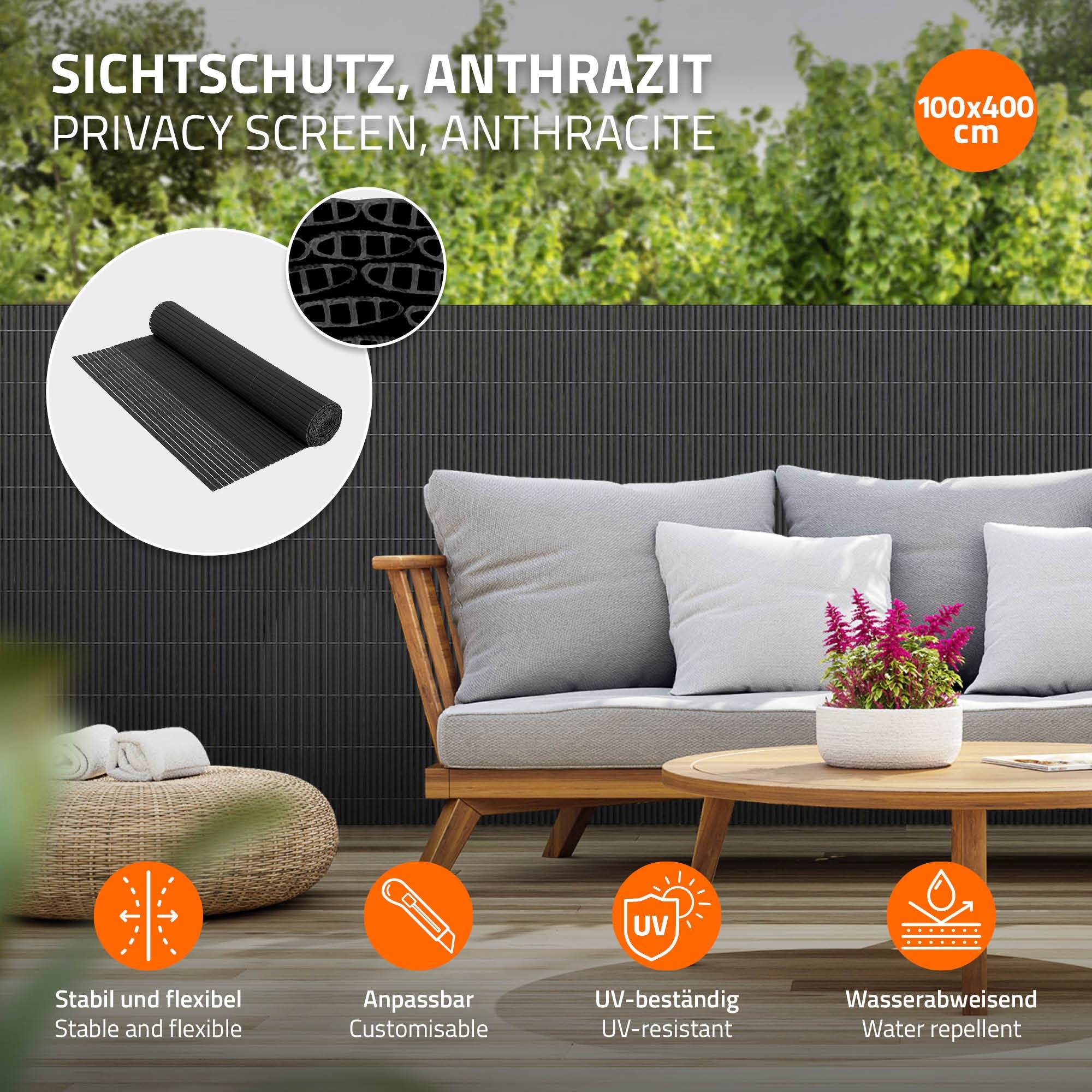 Ecd-Germany - Canisse en PVC anthracite 100x400 cm pare-vue triple renfort anti-UV, occultation totale, clôture de protection brise-vent pour jardin balcon terrasse - Imagen 2