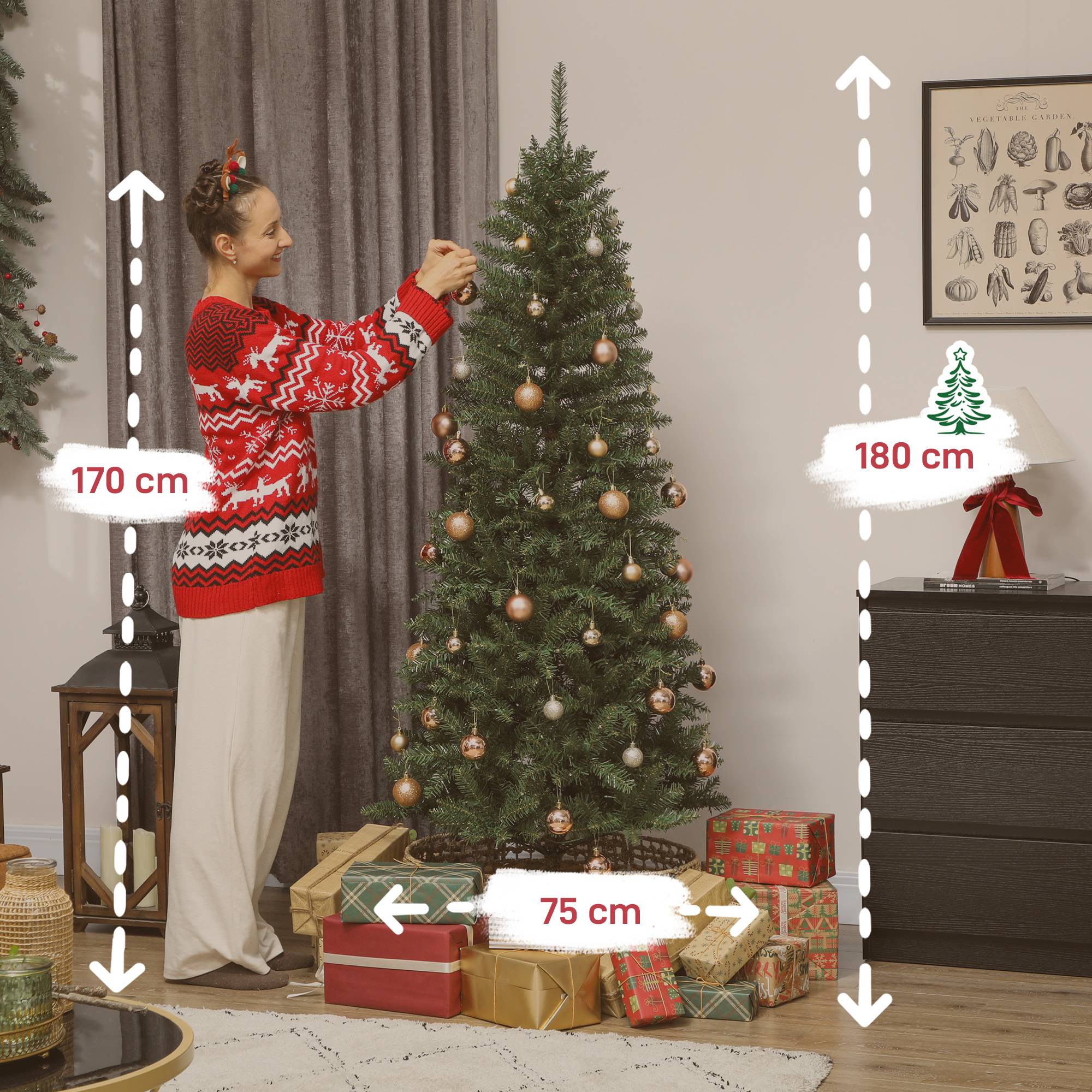 Sapin de Noël artificiel 180 cm, arbre de Noël fin avec 250 lumières, 899 pointes, support en métal pliable, vert - Image 4
