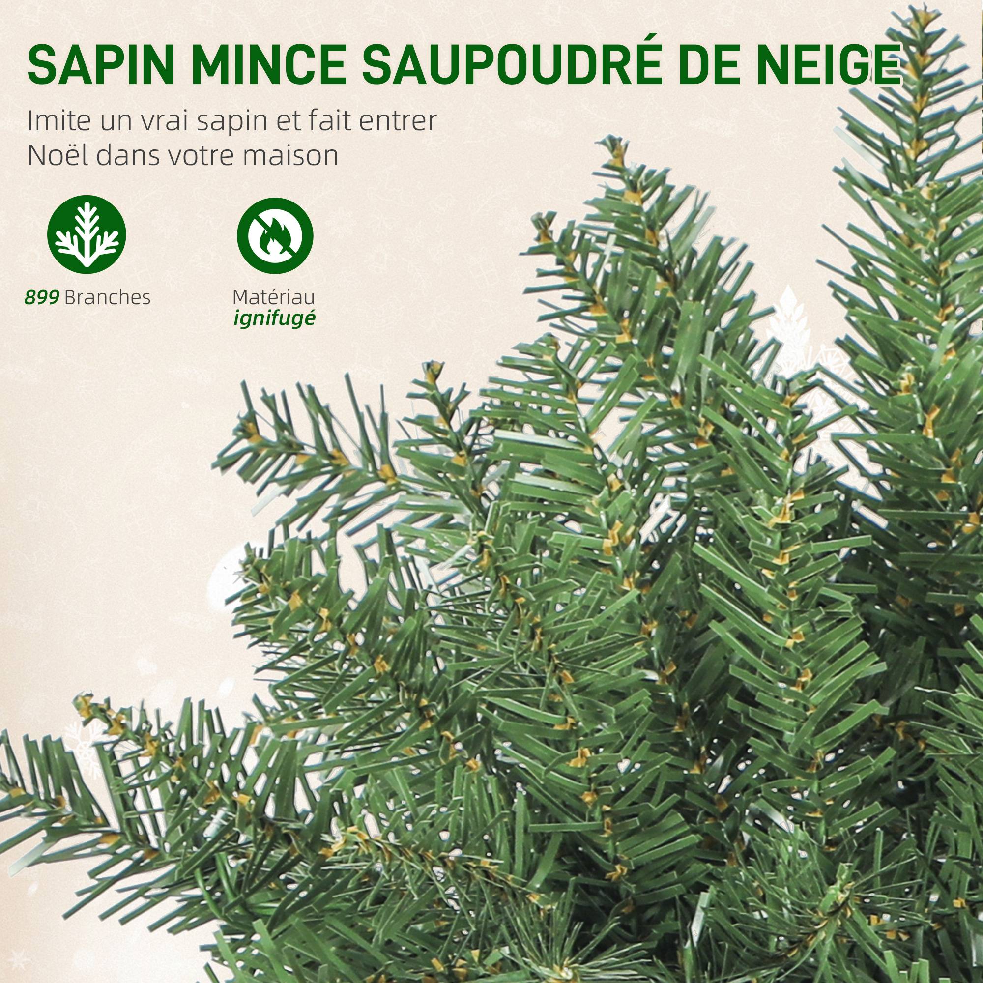 Sapin de Noël artificiel 180 cm, arbre de Noël fin avec 250 lumières, 899 pointes, support en métal pliable, vert - Image 7