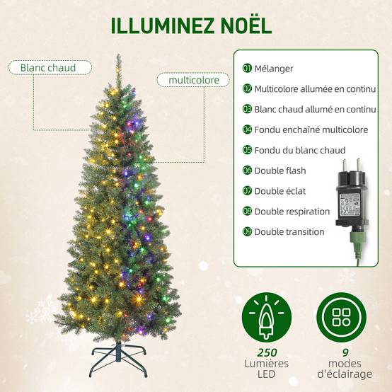Sapin de Noël artificiel 180 cm, arbre de Noël fin avec 250 lumières, 899 pointes, support en métal pliable, vert - Image 6