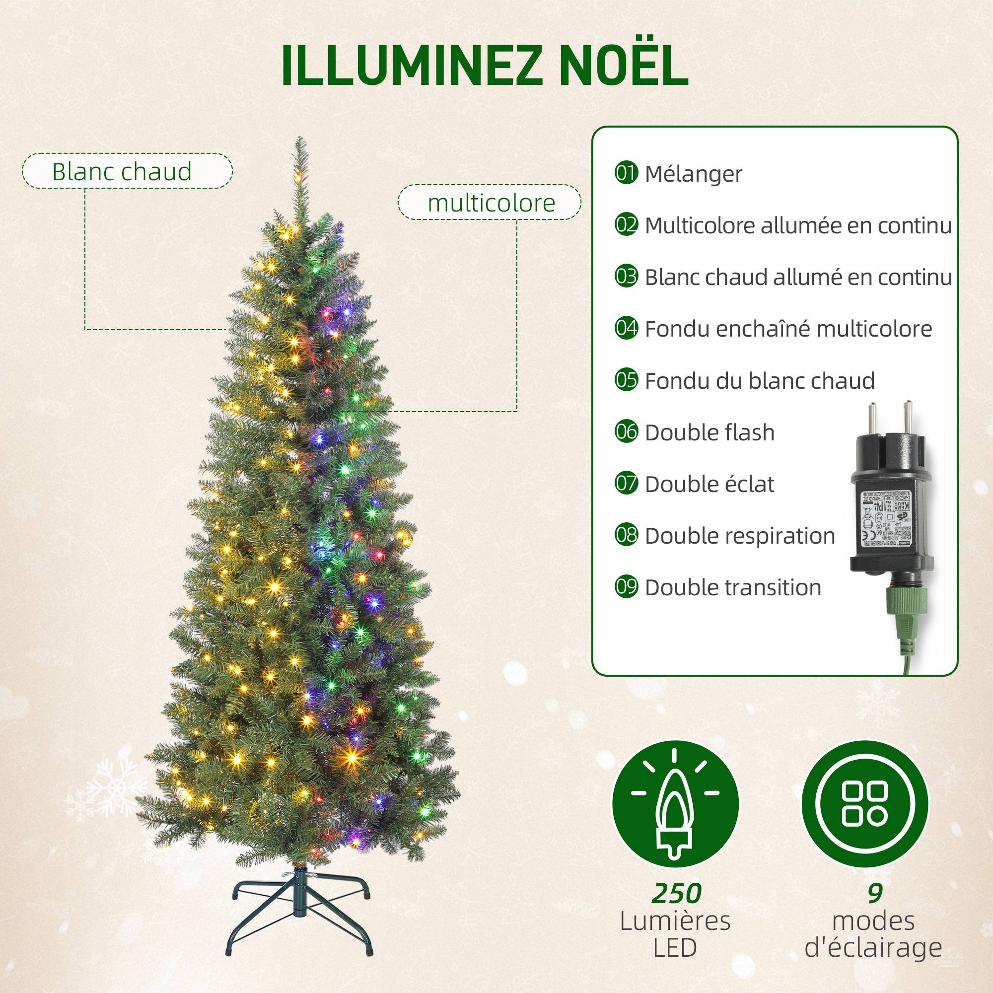Sapin de Noël artificiel 180 cm, arbre de Noël fin avec 250 lumières, 899 pointes, support en métal pliable, vert - Image 6