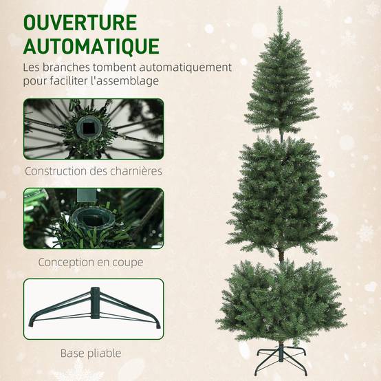 Sapin de Noël artificiel 180 cm, arbre de Noël fin avec 250 lumières, 899 pointes, support en métal pliable, vert - Image 8