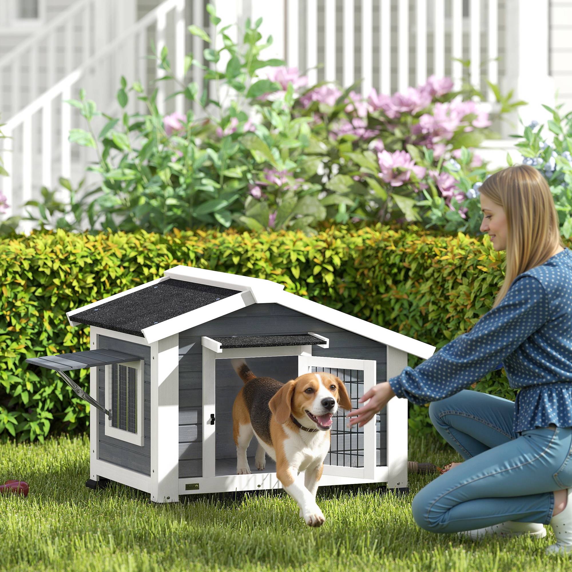 Niche d'extérieur en bois pour chien, taille moyenne, avec toit en asphalte et plancher amovible, 98 x 76 x 69,5 cm, grise - Image 3