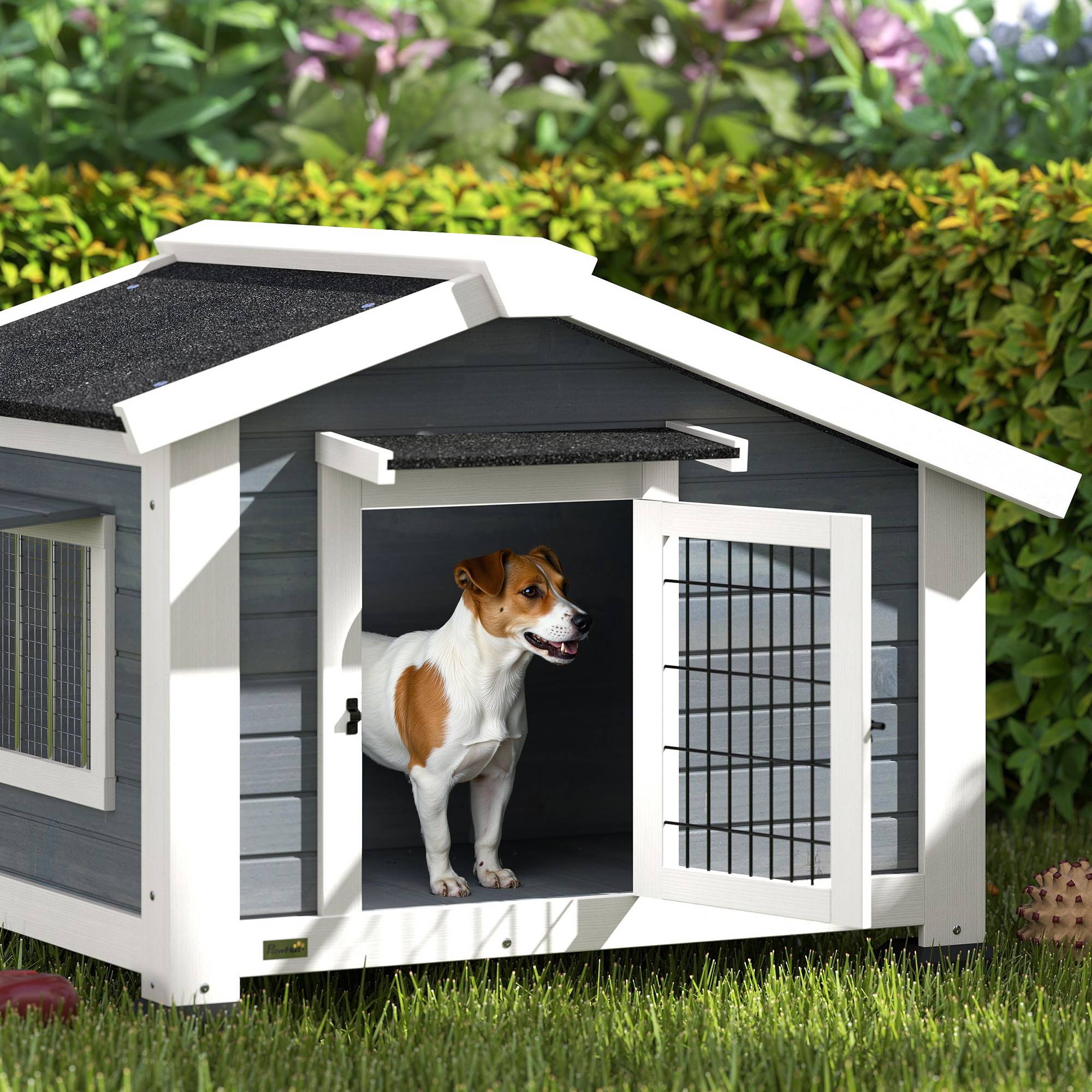 Niche d'extérieur en bois pour chien, taille moyenne, avec toit en asphalte et plancher amovible, 98 x 76 x 69,5 cm, grise - Image 10