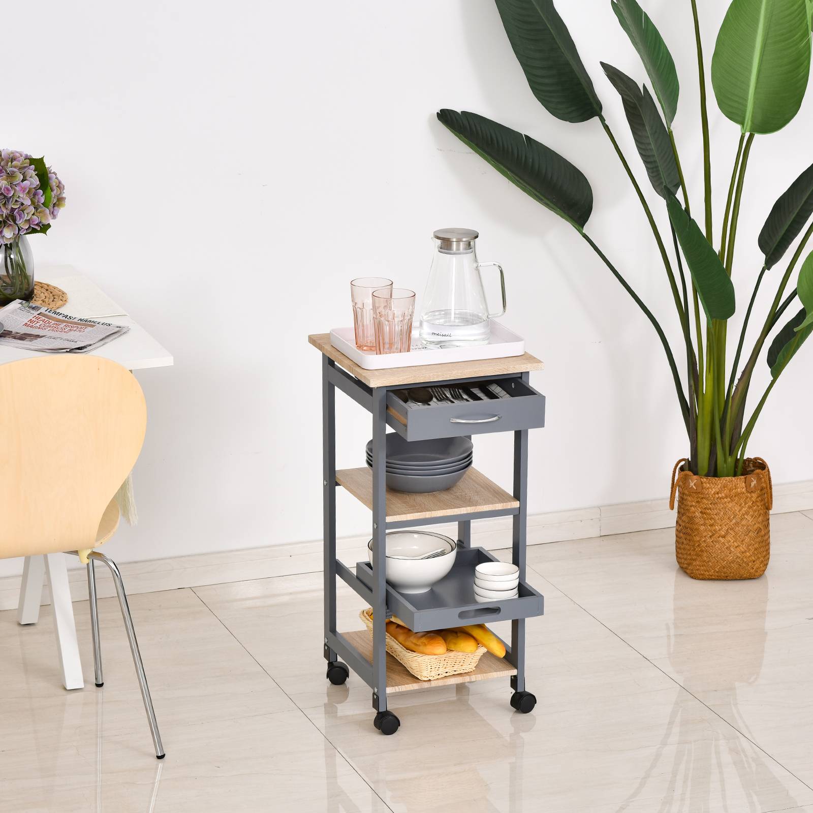 Chariot de service desserte de cuisine à roulettes 2 étagères + plateau amovible + tiroir bois de pin MDF gris chêne clair - Image 8