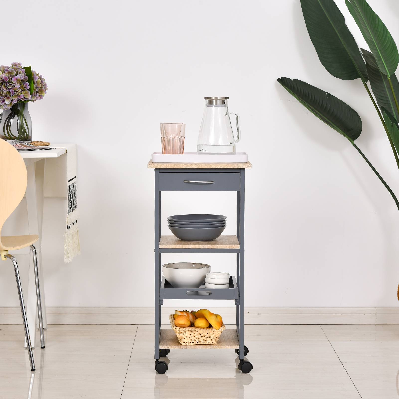 Chariot de service desserte de cuisine à roulettes 2 étagères + plateau amovible + tiroir bois de pin MDF gris chêne clair - Image 3