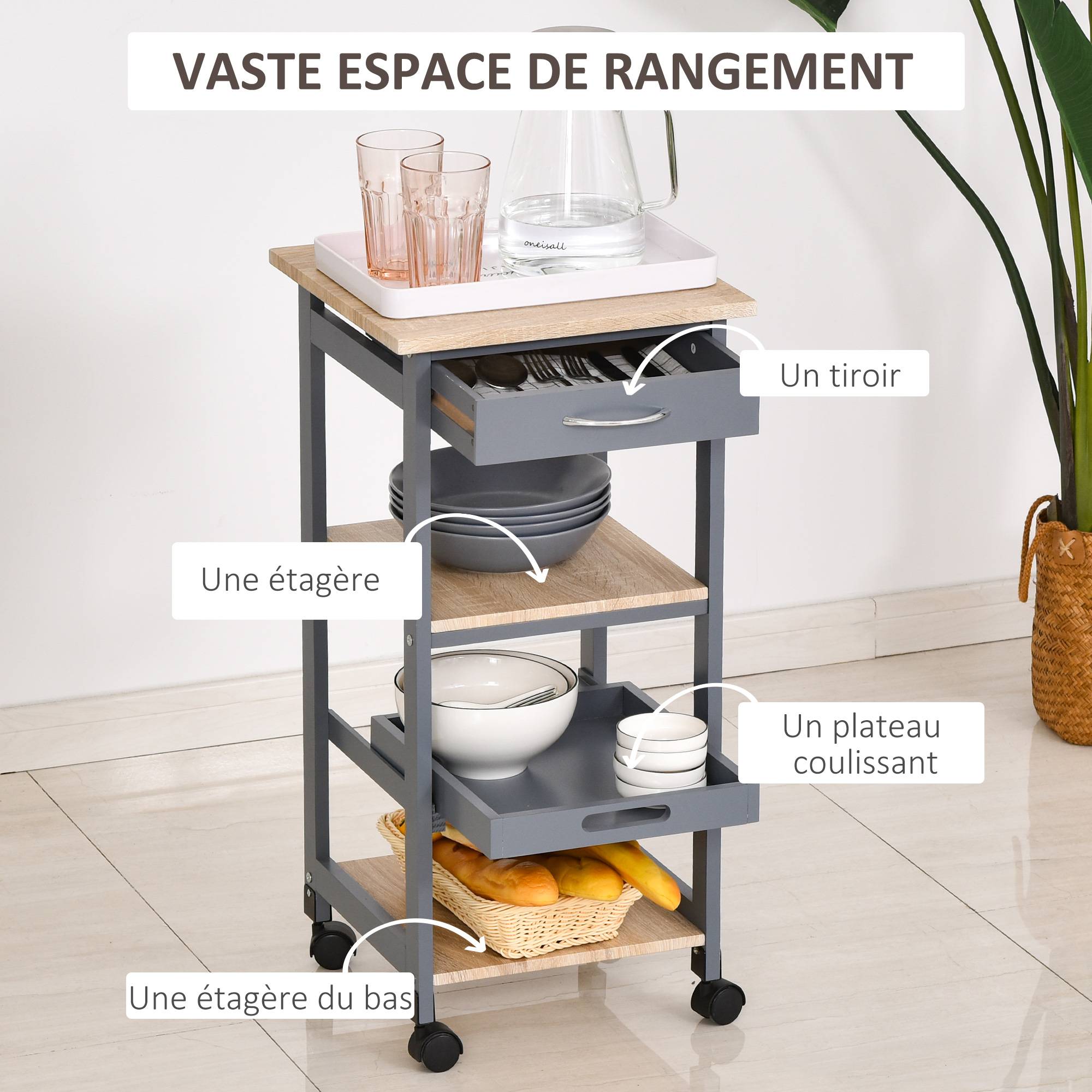 Chariot de service desserte de cuisine à roulettes 2 étagères + plateau amovible + tiroir bois de pin MDF gris chêne clair - Image 6