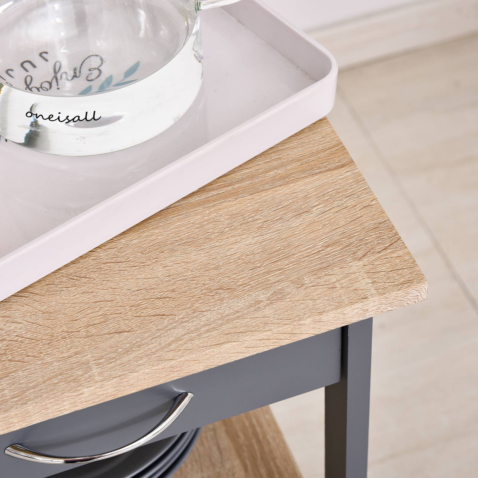 Chariot de service desserte de cuisine à roulettes 2 étagères + plateau amovible + tiroir bois de pin MDF gris chêne clair - Image 9