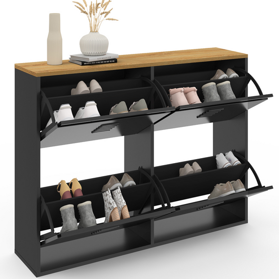 Meuble à chaussures 20 paires ESTER 4 portes métal noir et plateau façon hêtre design industriel - Image 4