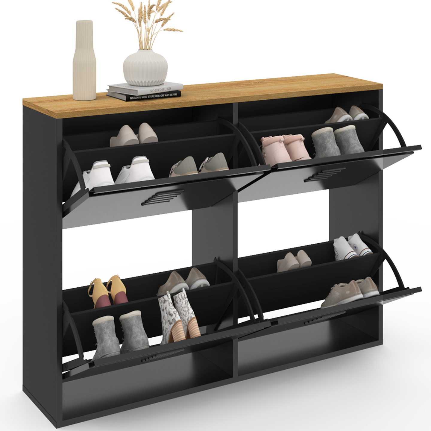 Meuble à chaussures 20 paires ESTER 4 portes métal noir et plateau façon hêtre design industriel - Image 4