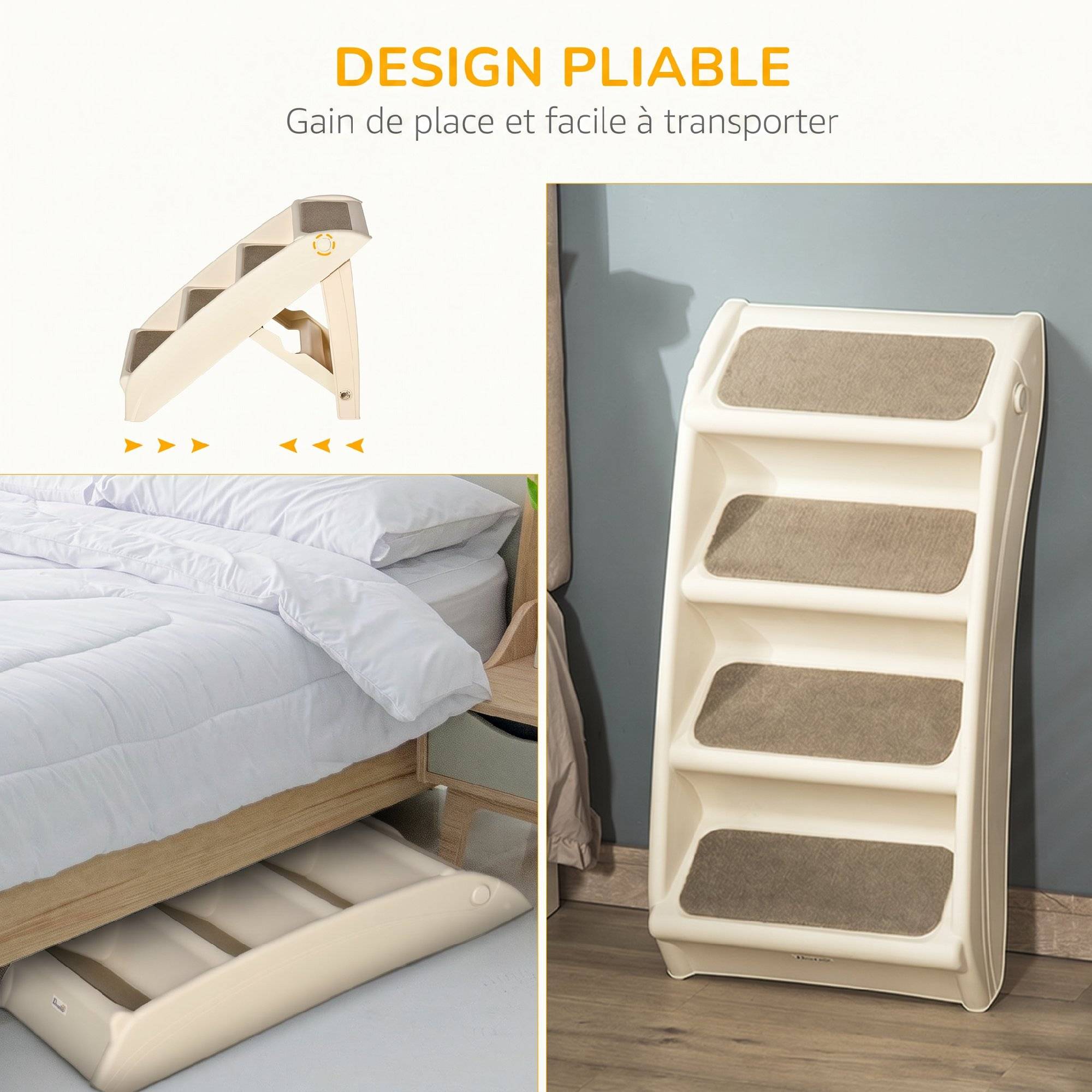 ComfortXL - Escalier pour chien pliable en polypropylène beige 4 marches 62 x 38 x 49,5 cm pour lit et canapé antidérapant - Image 4