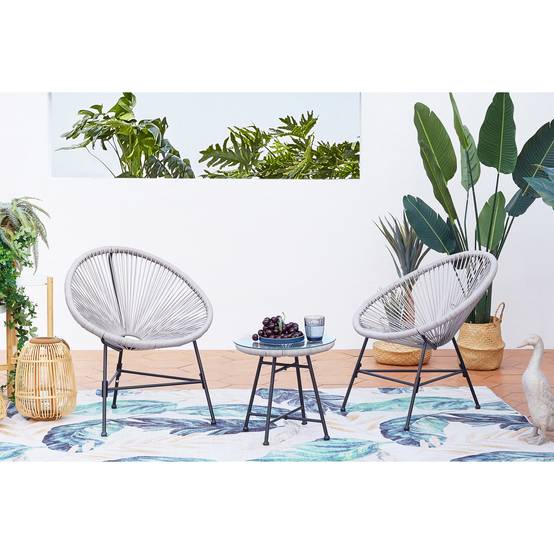 Salon de jardin 2 fauteuils ronds et table basse gris clair ACAPULCO - Image 9
