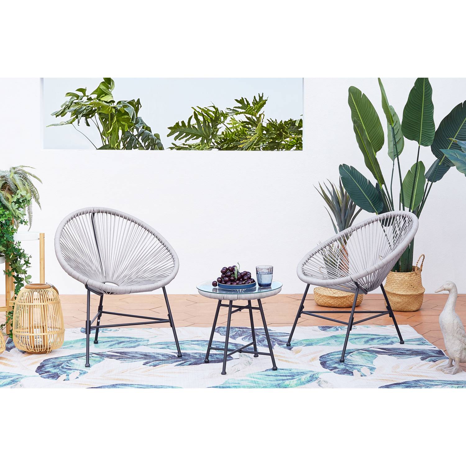 Salon de jardin 2 fauteuils ronds et table basse gris clair ACAPULCO - Image 9