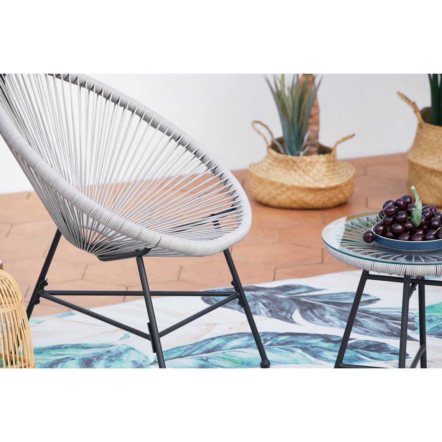 Salon de jardin 2 fauteuils ronds et table basse gris clair ACAPULCO - Image 8