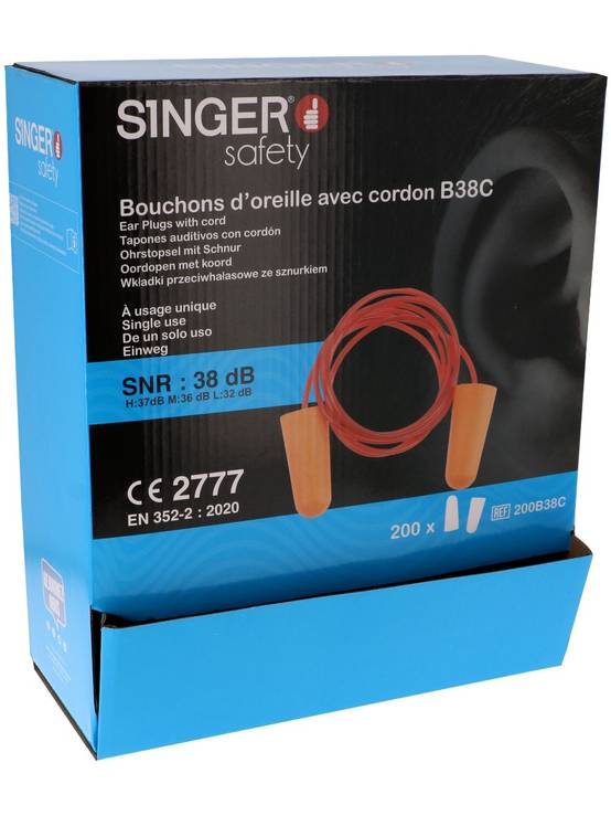 Bouchons d'oreilles PU Orange SNR 38dB avec cordon - Boite de 200 paires - SINGER FRERES - 200B38C - Image 2