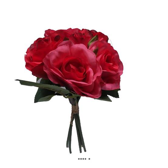 Petit bouquet de fausses roses H 27 cm 5 têtes et 1 bouton Rose fushia - couleur: Rose fushia 730 - Image 2