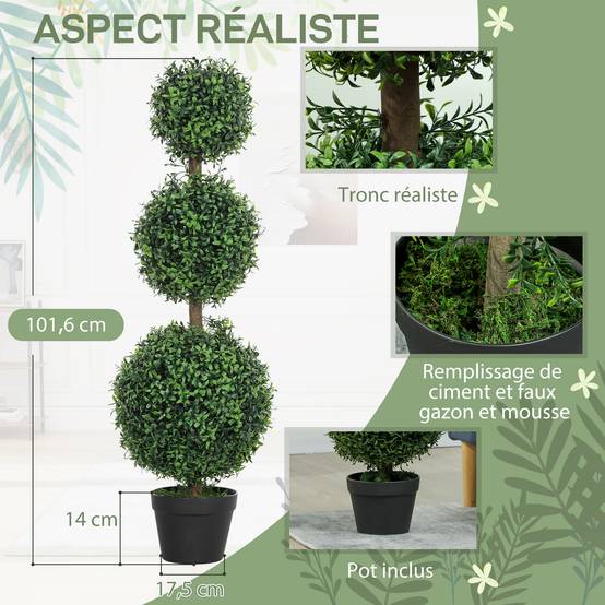 Lot 2 Buis Topiaires Artificiels PE Intérieur Extérieur Anti-UV 102cm Vert - ComfortXL Outdoor Living - Image 6