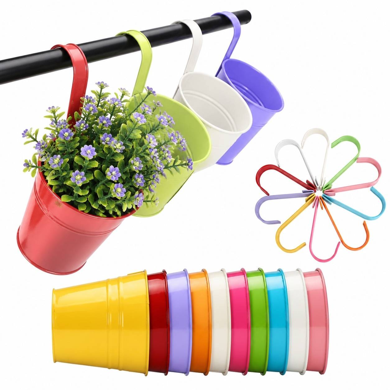 Pot Métal Suspendu Décoratif avec Crochets Amovibles pour Plantes Intérieur Extérieur