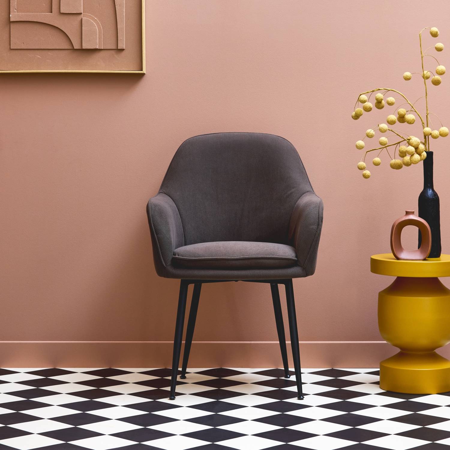 Fauteuil en velours côtelé gris foncé et pieds en métal noir mat. L 57 x P 59 x H 84.5 | sweeek - Image 1