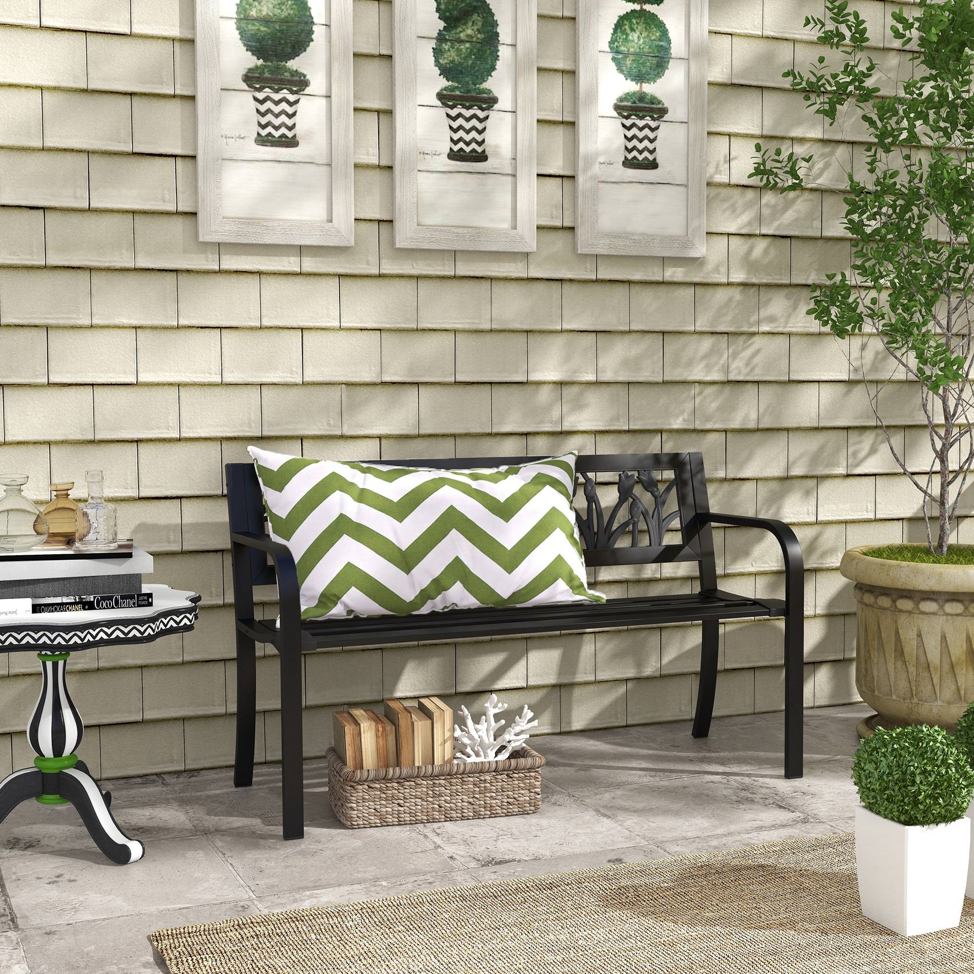 Banc de jardin acier terrasse extérieur assise lattes respirantes 125x50x75cm noir - ComfortXL Outdoor Living - Image 3