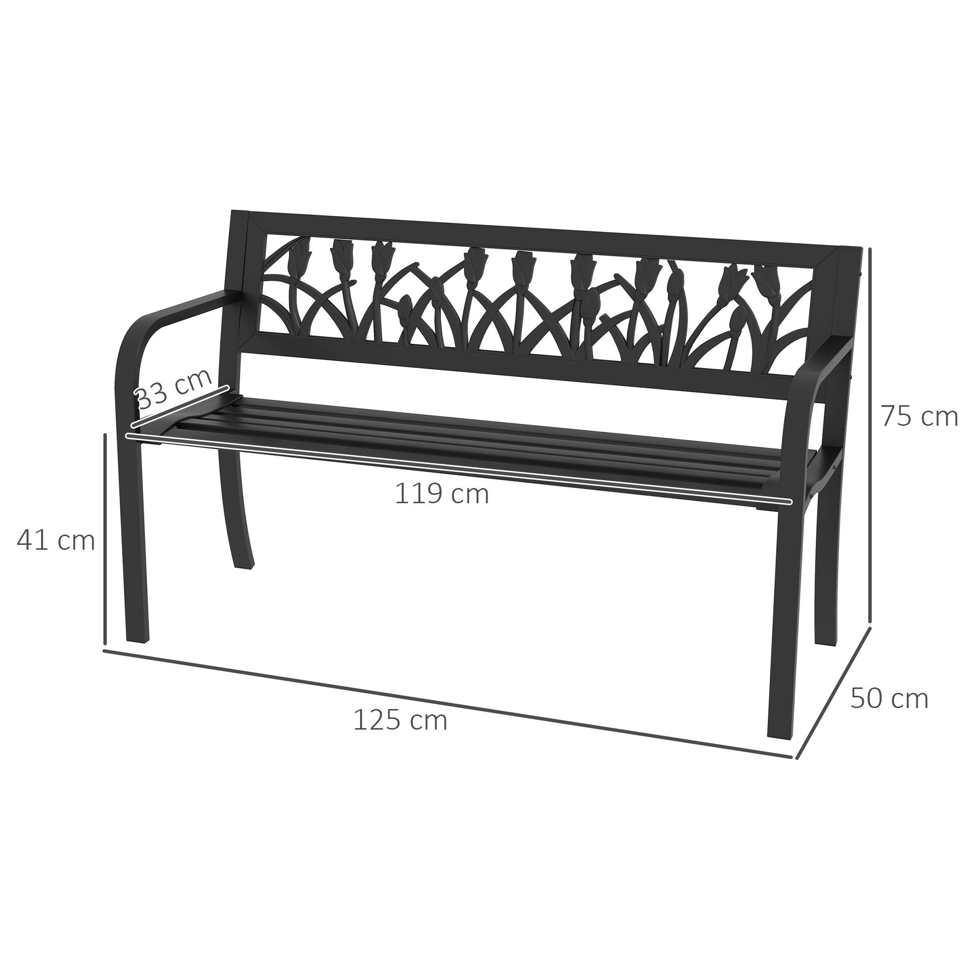 Banc de jardin acier terrasse extérieur assise lattes respirantes 125x50x75cm noir - ComfortXL Outdoor Living - Image 5
