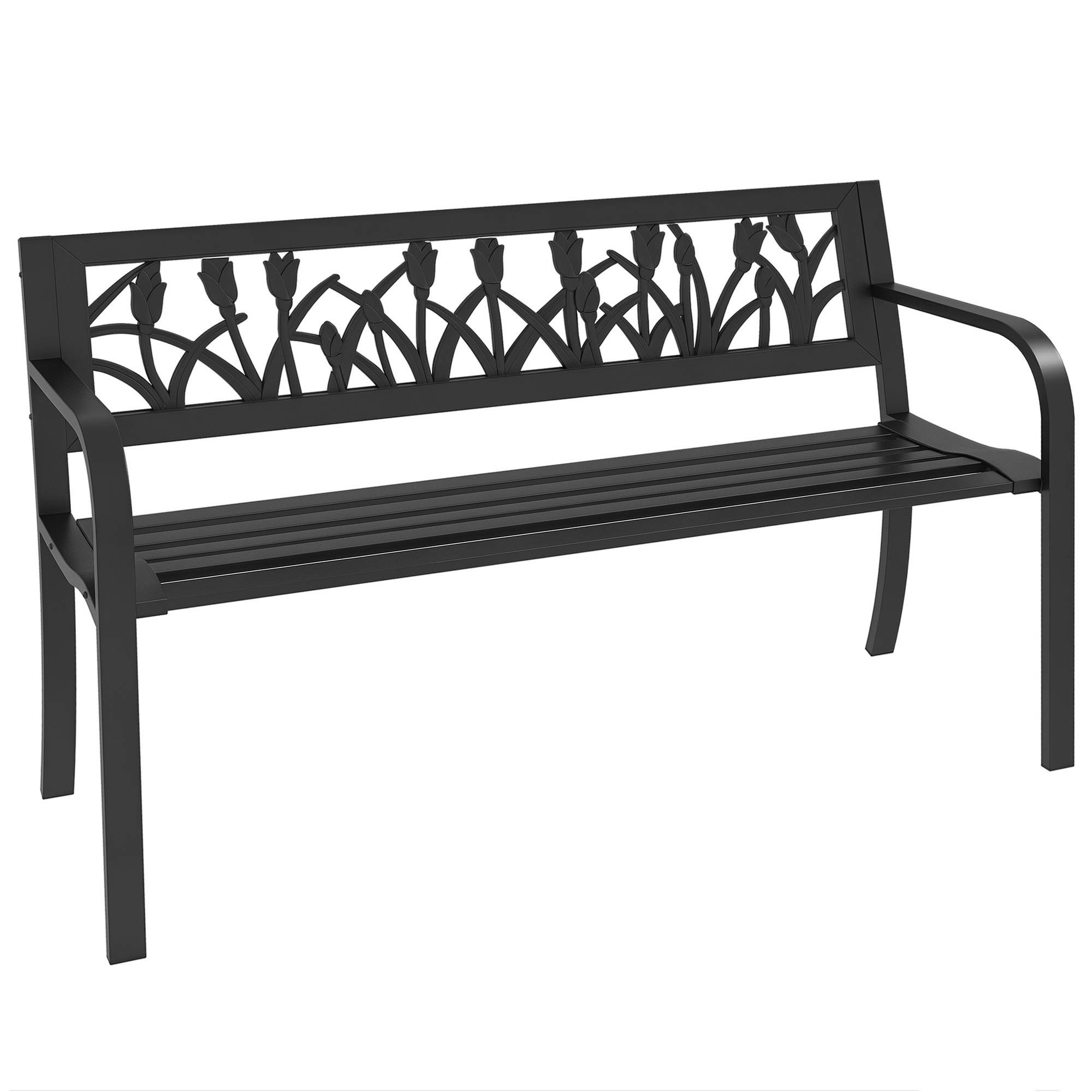 Banc de jardin acier terrasse extérieur assise lattes respirantes 125x50x75cm noir - ComfortXL Outdoor Living - Image 1
