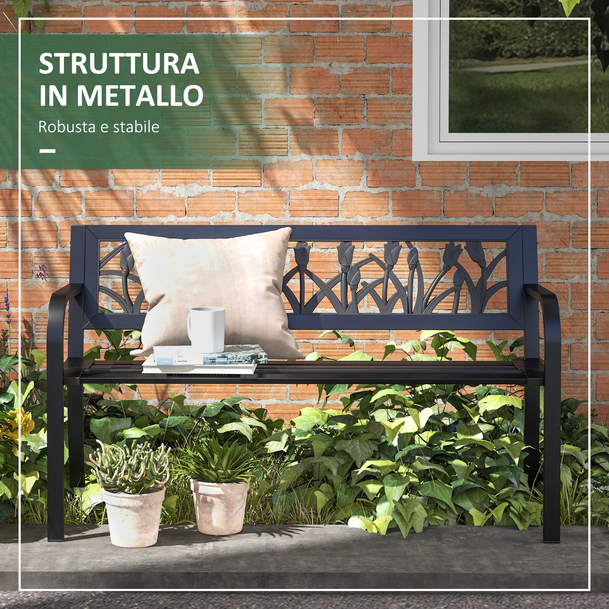 Banc de jardin acier terrasse extérieur assise lattes respirantes 125x50x75cm noir - ComfortXL Outdoor Living - Image 8