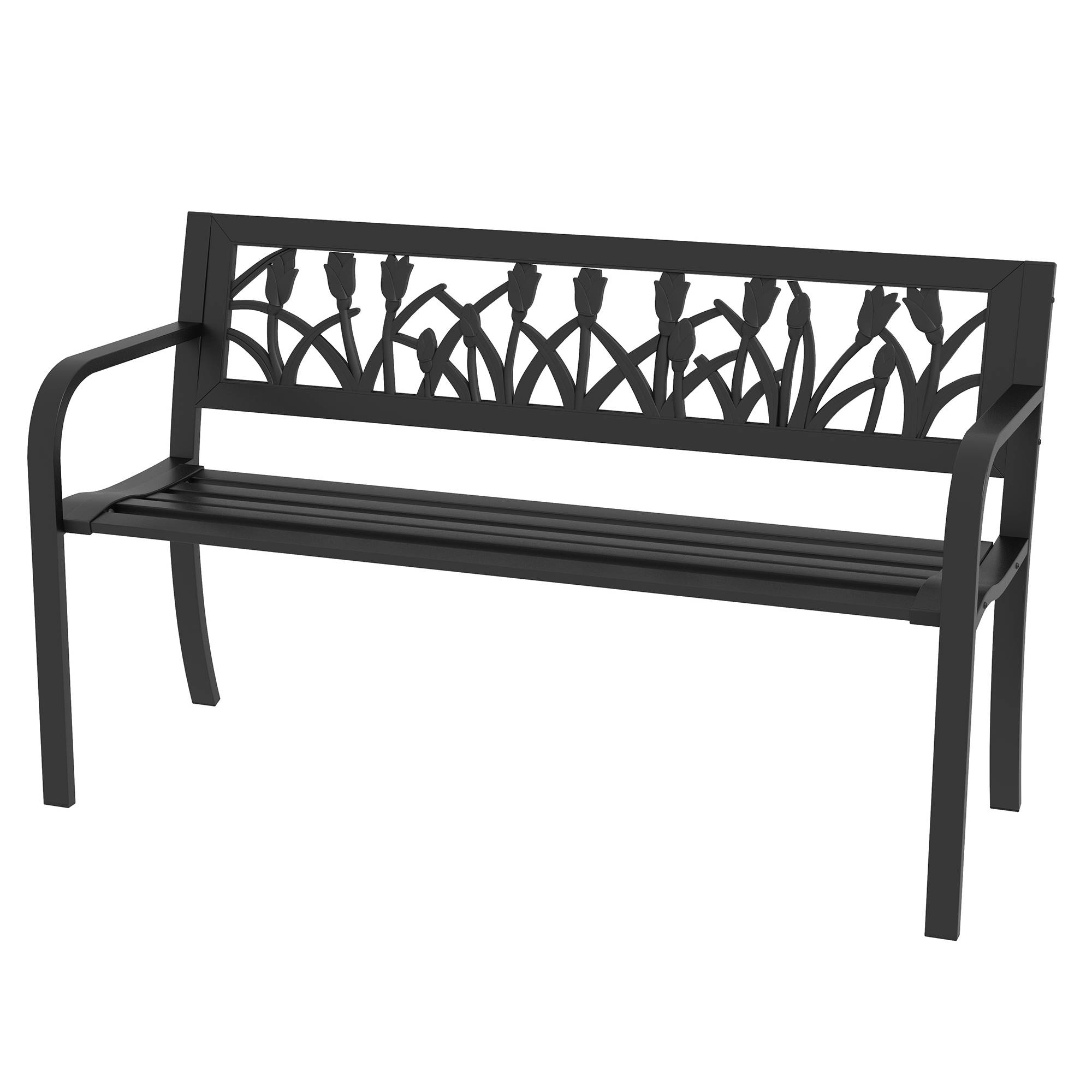 Banc de jardin acier terrasse extérieur assise lattes respirantes 125x50x75cm noir - ComfortXL Outdoor Living - Image 2