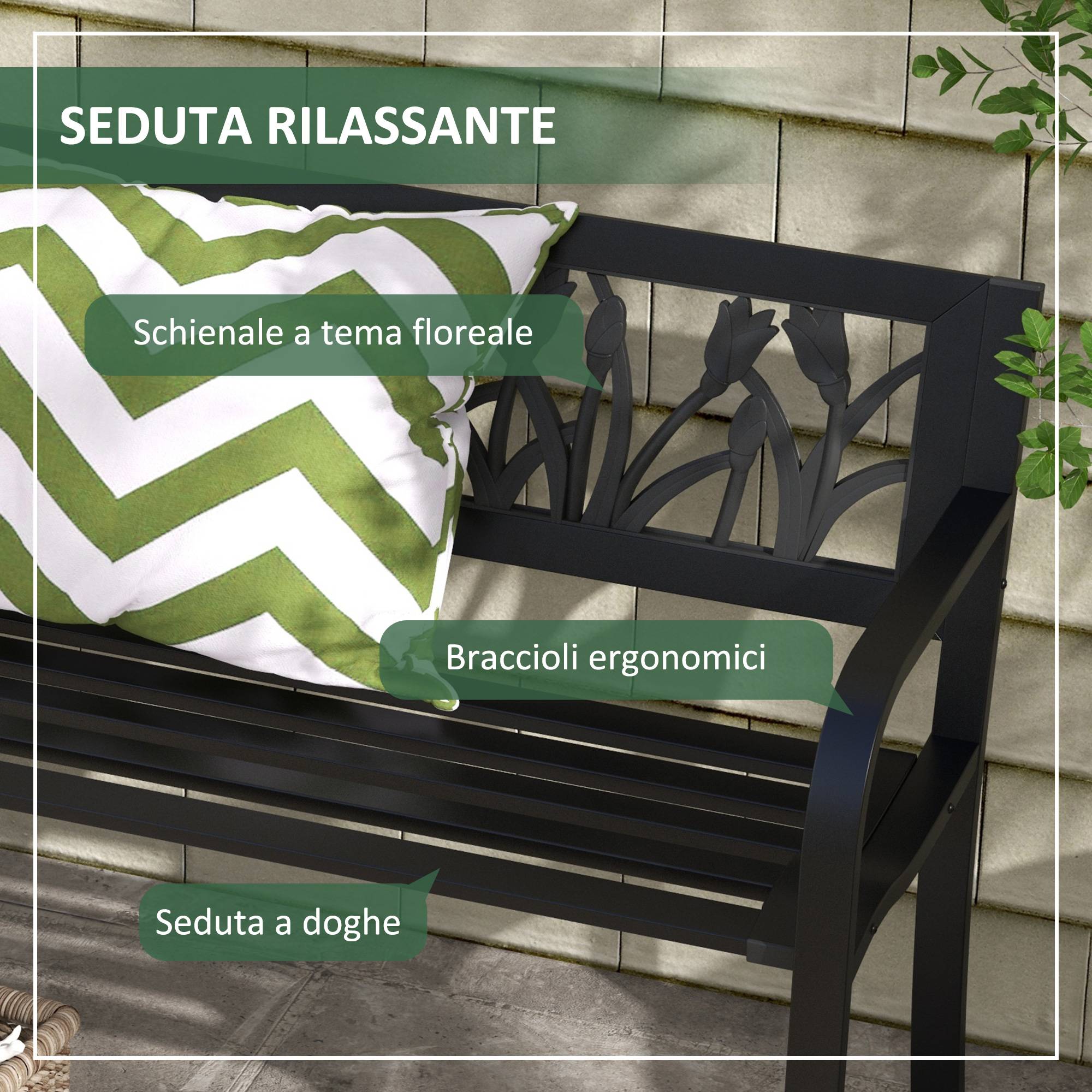 Banc de jardin acier terrasse extérieur assise lattes respirantes 125x50x75cm noir - ComfortXL Outdoor Living - Image 7