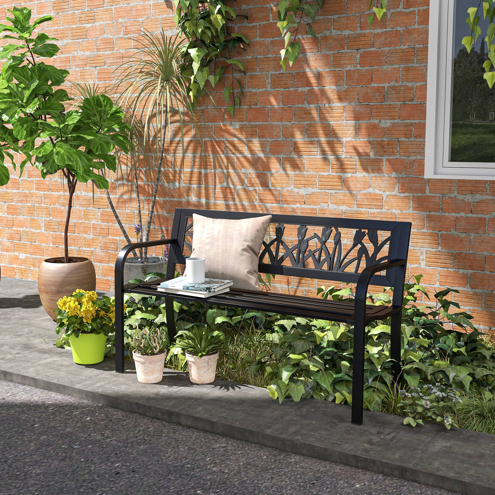 Banc de jardin acier terrasse extérieur assise lattes respirantes 125x50x75cm noir - ComfortXL Outdoor Living - Image 9