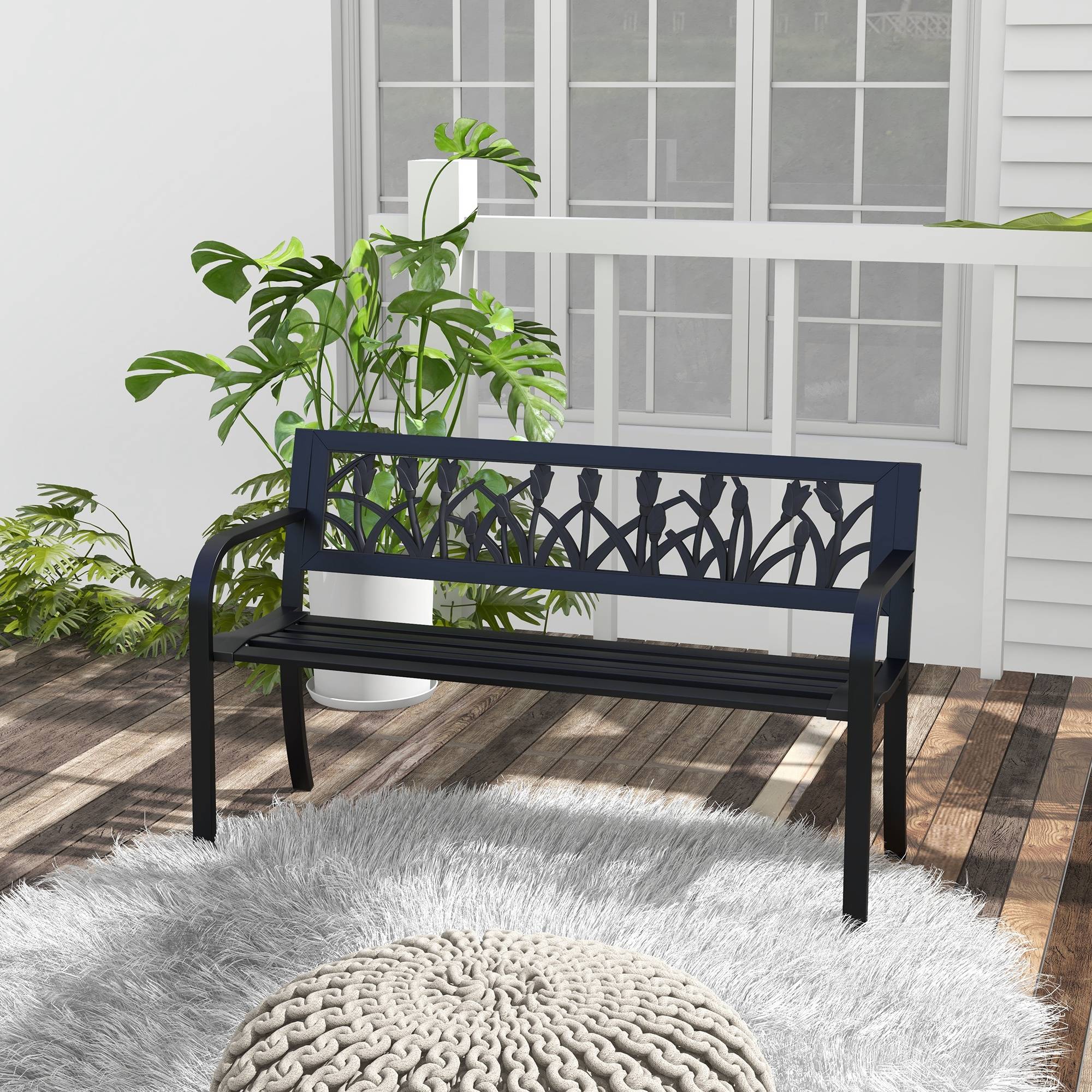 Banc de jardin acier terrasse extérieur assise lattes respirantes 125x50x75cm noir - ComfortXL Outdoor Living - Image 4