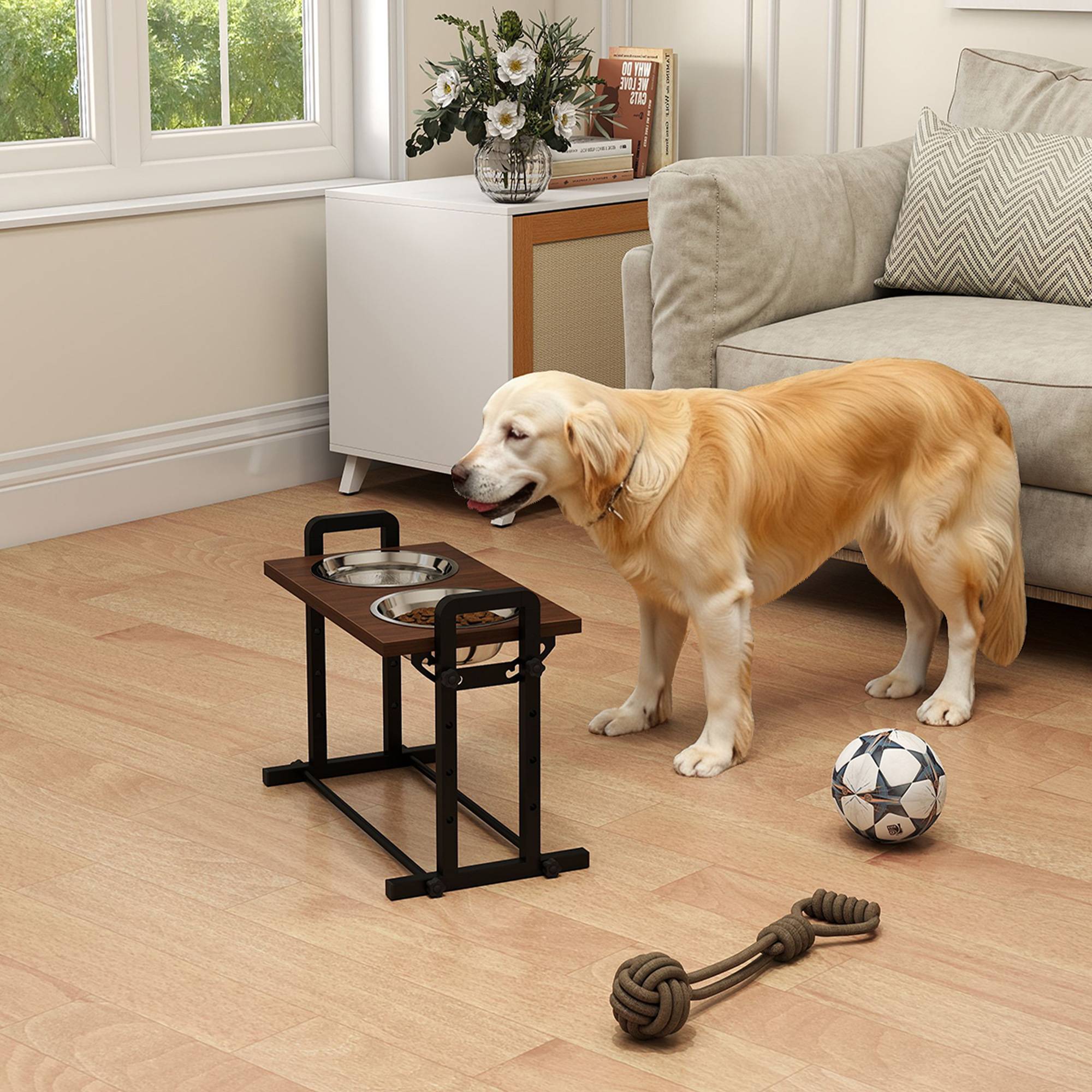 Sans Marque - Support gamelles chien avec 4 gamelles réglables hauteur, 2 gamelles 1,2L inox, 3 angles inclinaison, marron - Image 4
