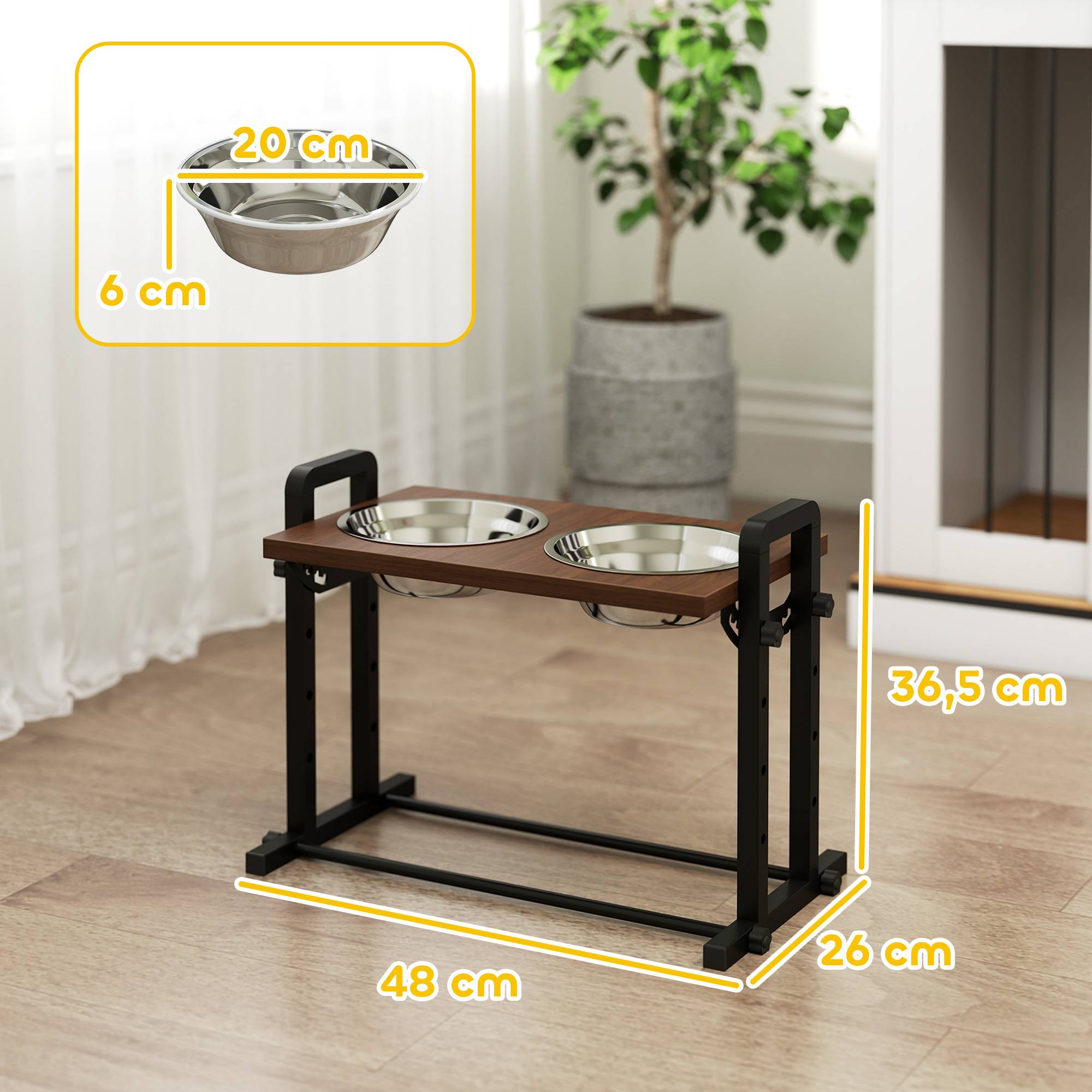 Sans Marque - Support gamelles chien avec 4 gamelles réglables hauteur, 2 gamelles 1,2L inox, 3 angles inclinaison, marron - Image 5
