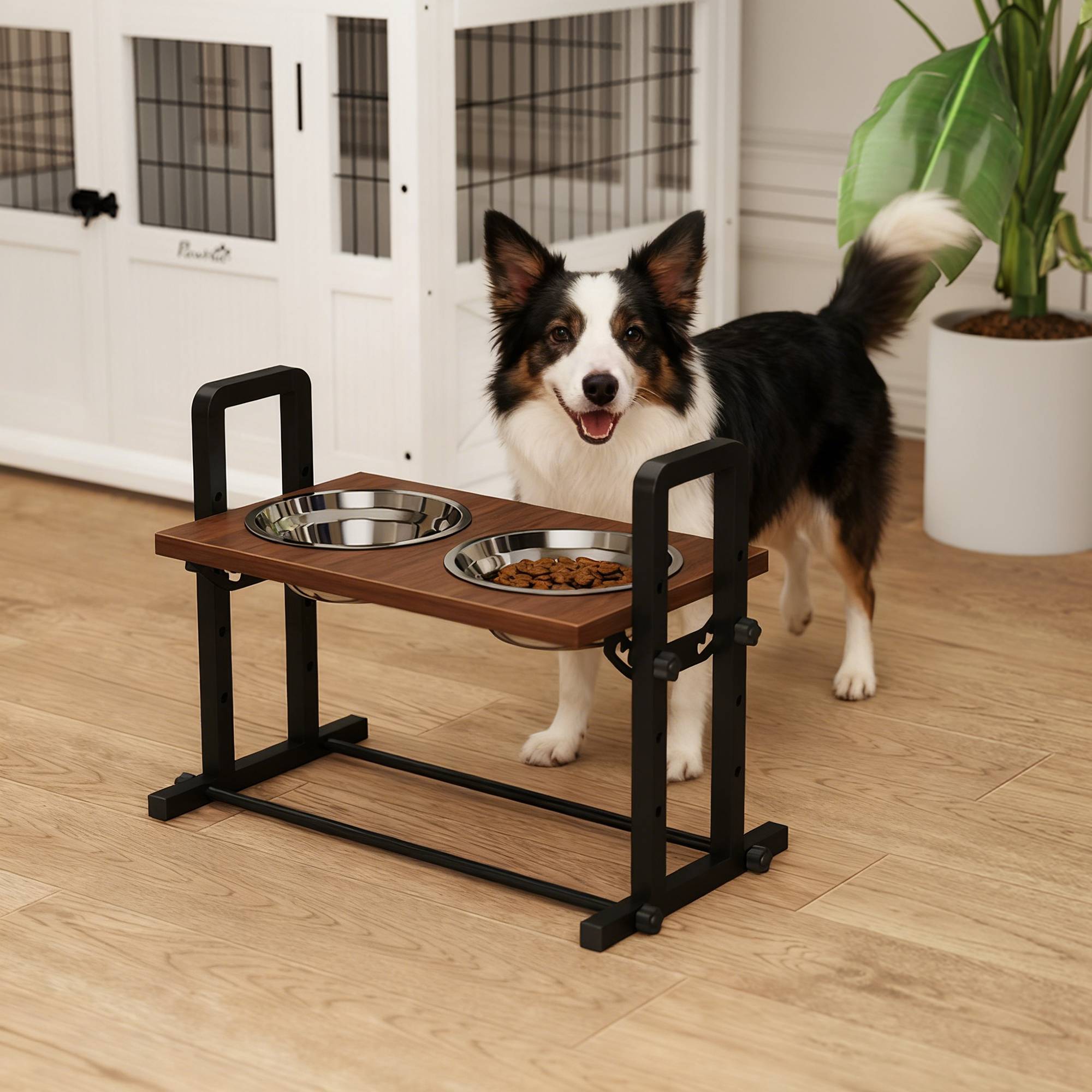 Sans Marque - Support gamelles chien avec 4 gamelles réglables hauteur, 2 gamelles 1,2L inox, 3 angles inclinaison, marron - Image 3