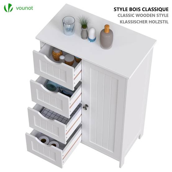 Meuble de salle de bain rangement 4 tiroirs 1 porte 82x55x30cm blanc - Image 7