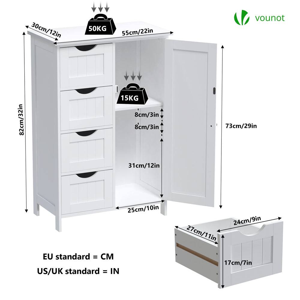 Meuble de salle de bain rangement 4 tiroirs 1 porte 82x55x30cm blanc - Image 4