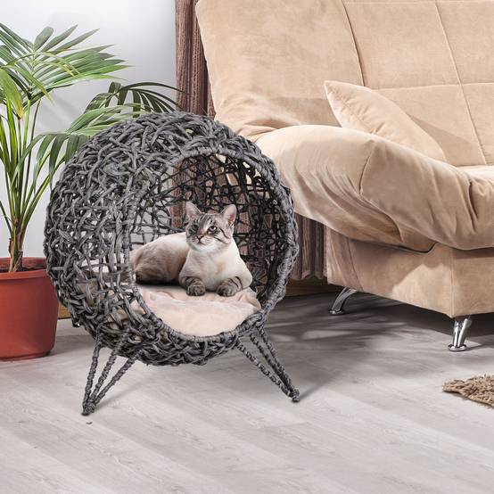 Niche grotte chat surélevée en résine tressée imitation rotin, coussin moelleux inclus, Ø52x58H cm - Image 4