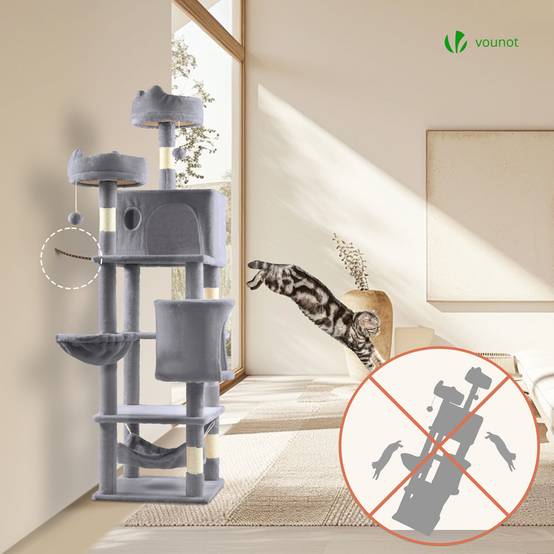 Vounot - Arbre à chat grande 168cm avec griffoir, 2 niches et 3 plateformes - Gris - Arbre à grimper pour chats - VOUNOT® - Image 7