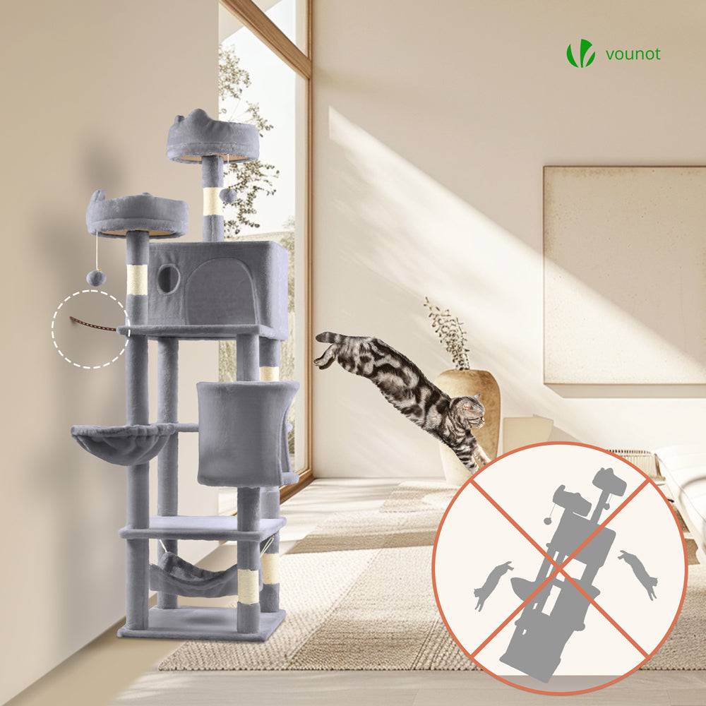 Vounot - Arbre à chat grande 168cm avec griffoir, 2 niches et 3 plateformes - Gris - Arbre à grimper pour chats - VOUNOT® - Image 7