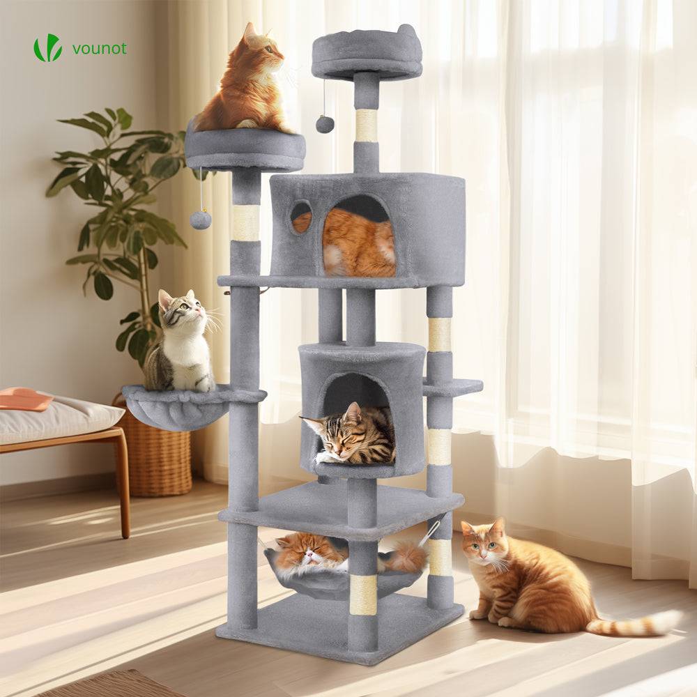 Vounot - Arbre à chat grande 168cm avec griffoir, 2 niches et 3 plateformes - Gris - Arbre à grimper pour chats - VOUNOT® - Image 2