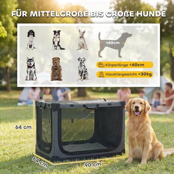 Cage de Transport Pliable pour Chien Tissu Oxford Voyage Auto Aération Optimale 90x64x64cm Gris - ComfortXL Outdoor Living - Image 3