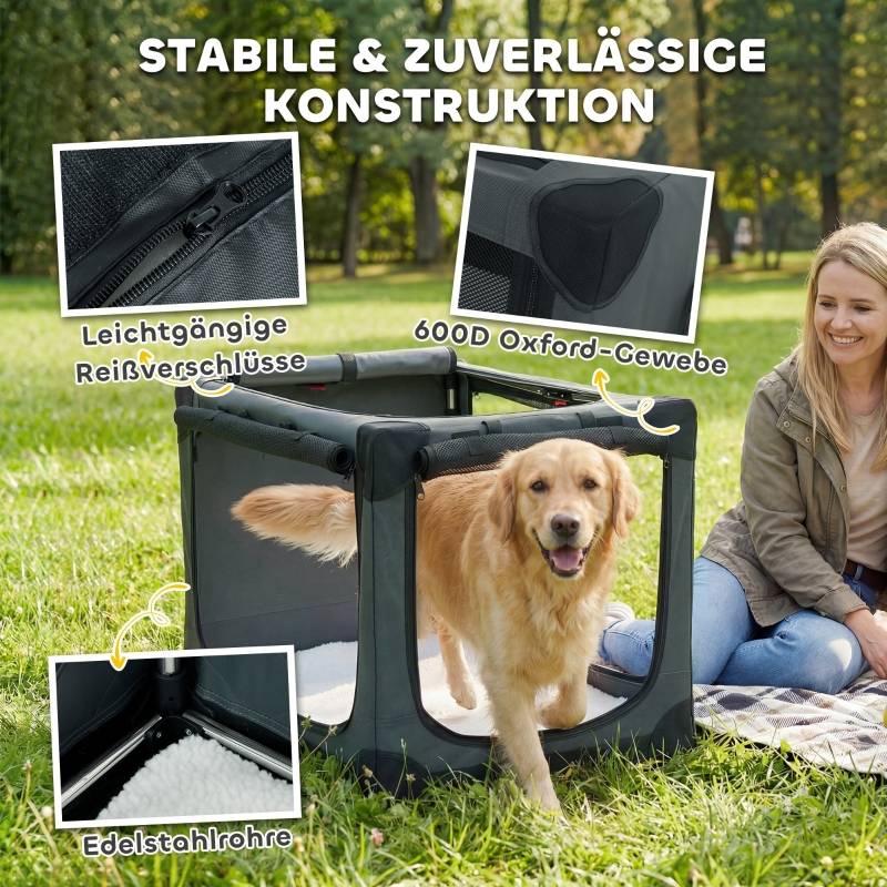 Cage de Transport Pliable pour Chien Tissu Oxford Voyage Auto Aération Optimale 90x64x64cm Gris - ComfortXL Outdoor Living - Image 5