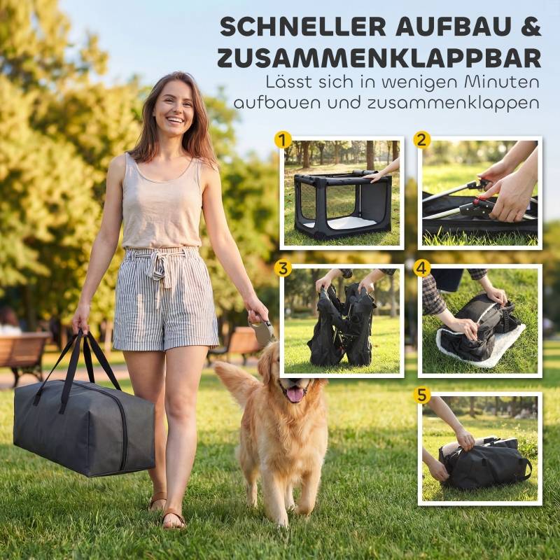 Cage de Transport Pliable pour Chien Tissu Oxford Voyage Auto Aération Optimale 90x64x64cm Gris - ComfortXL Outdoor Living - Image 4
