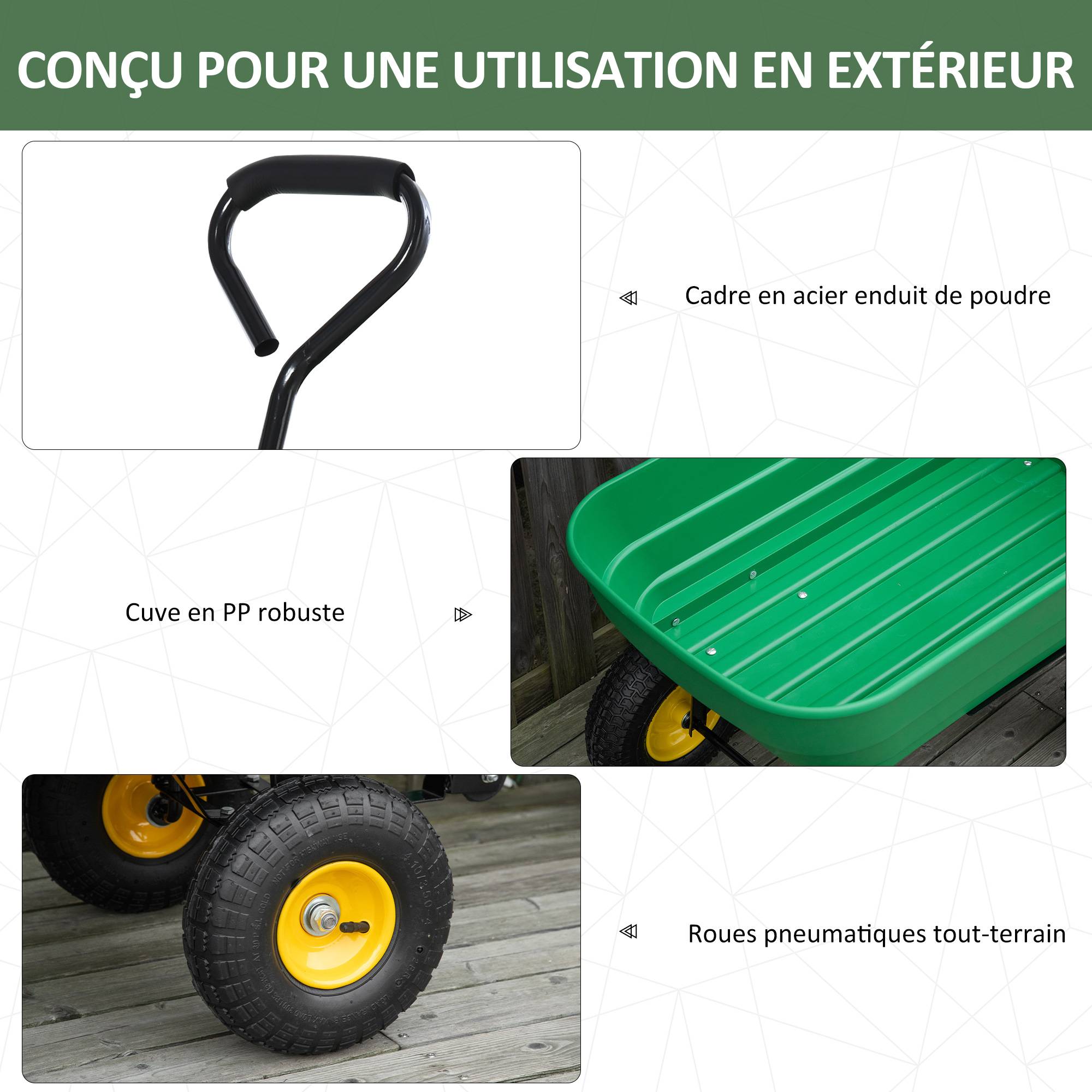 Chariot de jardin acier polypropylène vert jaune 118 x 58 x 102 cm - PANGIVO - Image 8