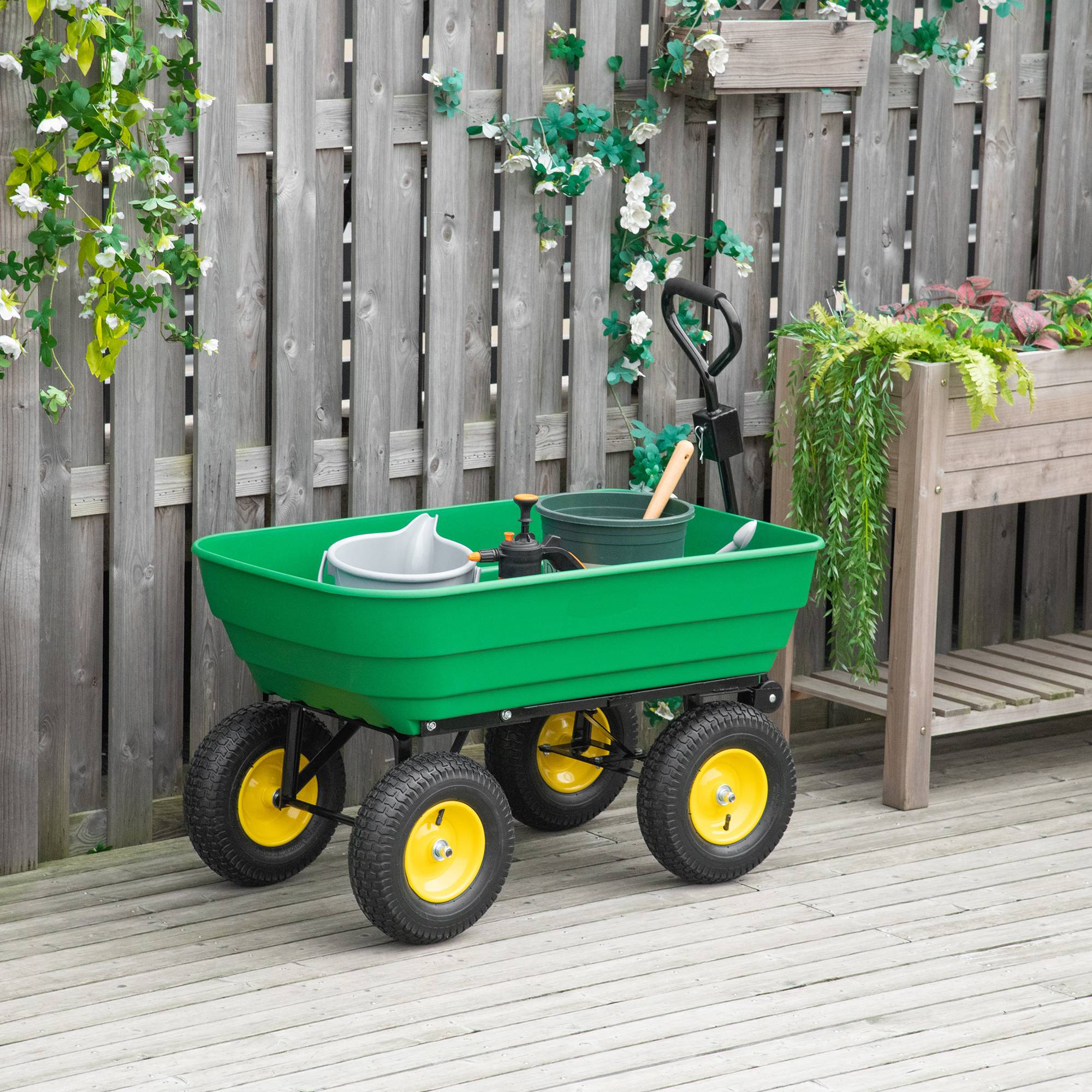 Chariot de jardin acier polypropylène vert jaune 118 x 58 x 102 cm - PANGIVO - Image 4