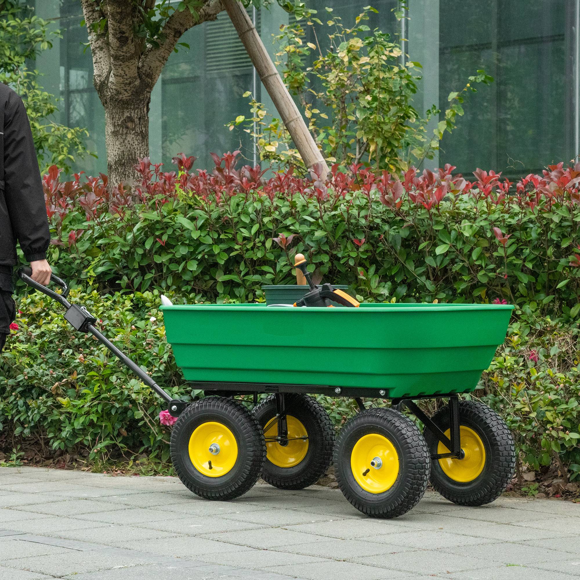 Chariot de jardin acier polypropylène vert jaune 118 x 58 x 102 cm - PANGIVO - Image 3