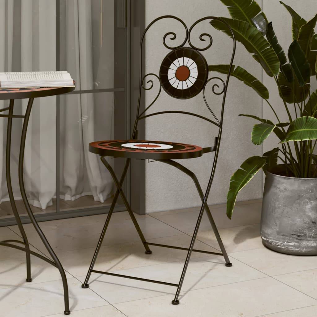 Lot de 2 Chaises de Terrasse Pliantes Mosaïque Céramique Style Méditerranéen Terre Cuite et Blanc – ComfortXL Outdoor Living - Image 1