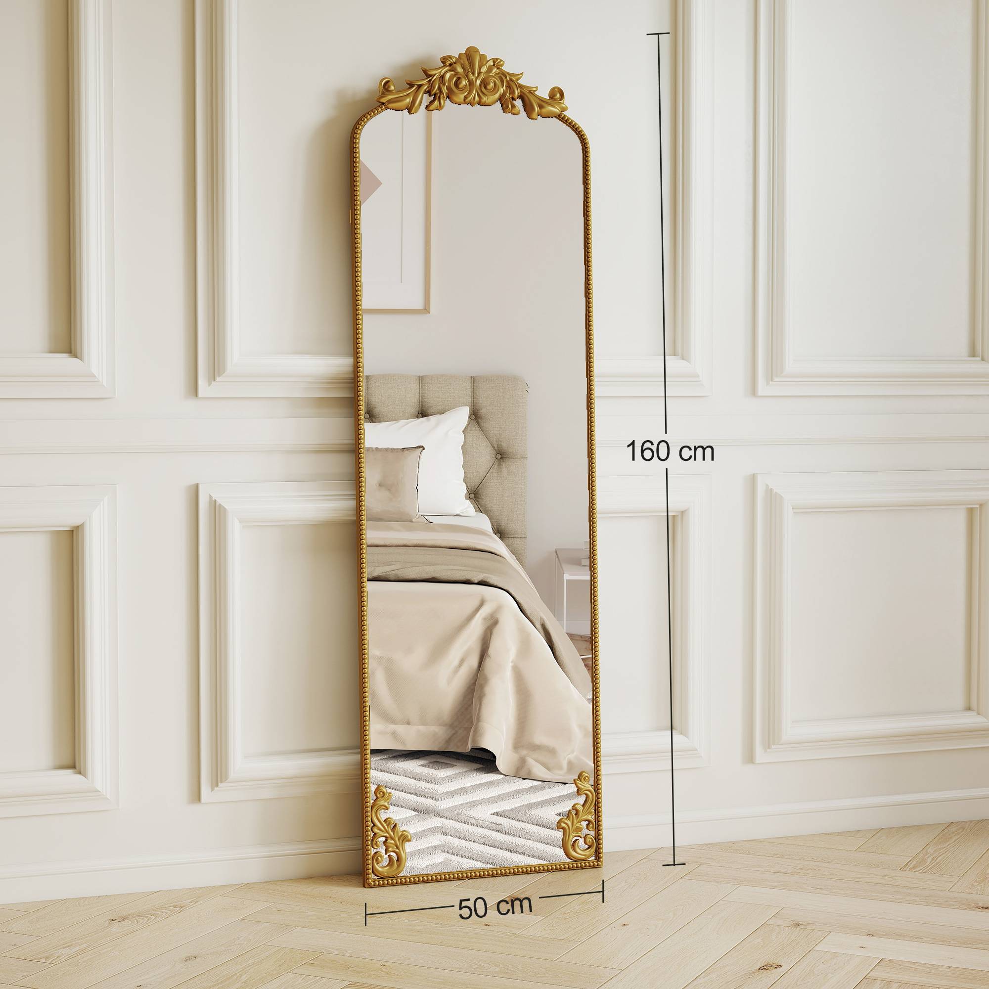 Sans Marque - Miroir sur pied de style baroque avec cadre, verre trempé et métal, 50 x 4,5 x 160 cm, doré - Image 5